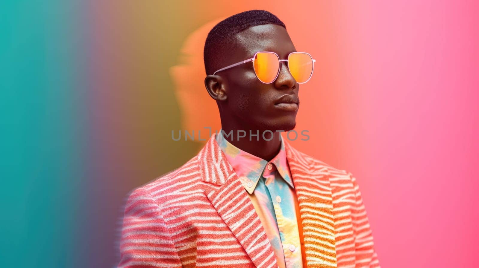 Young male model posing with trendy man fashion outfit and colorful pastel mood optical art abstract background. Picturesque generative AI