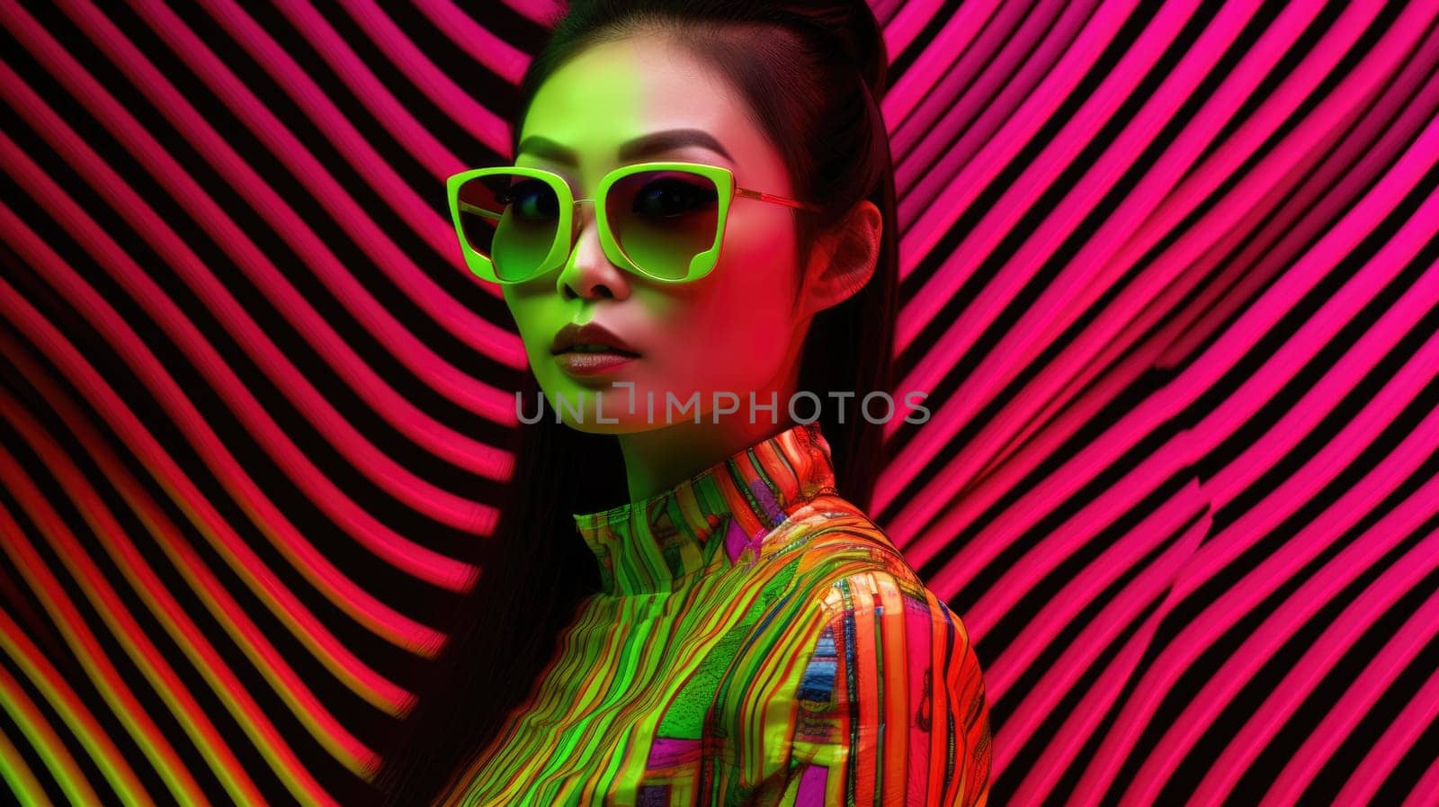 Young female model posing with trendy fashion outfit and colorful glowing vibrant green and pink optical art abstract background. Picturesque generative AI