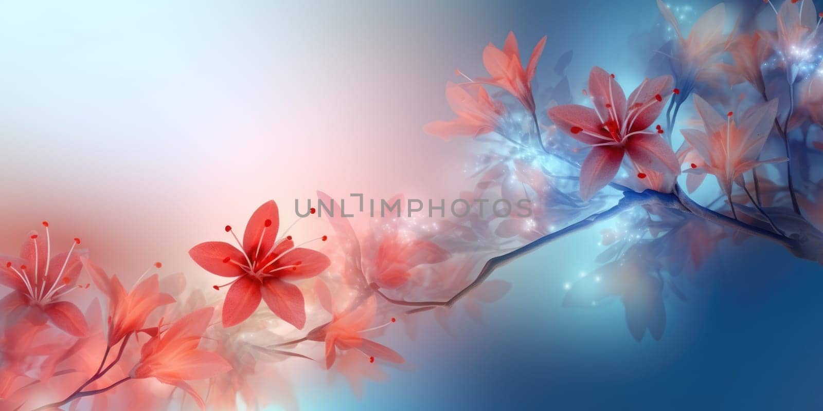 Beautiful abstract red and blue misty morning photo floral design background banner. generative ai AIG32 by biancoblue