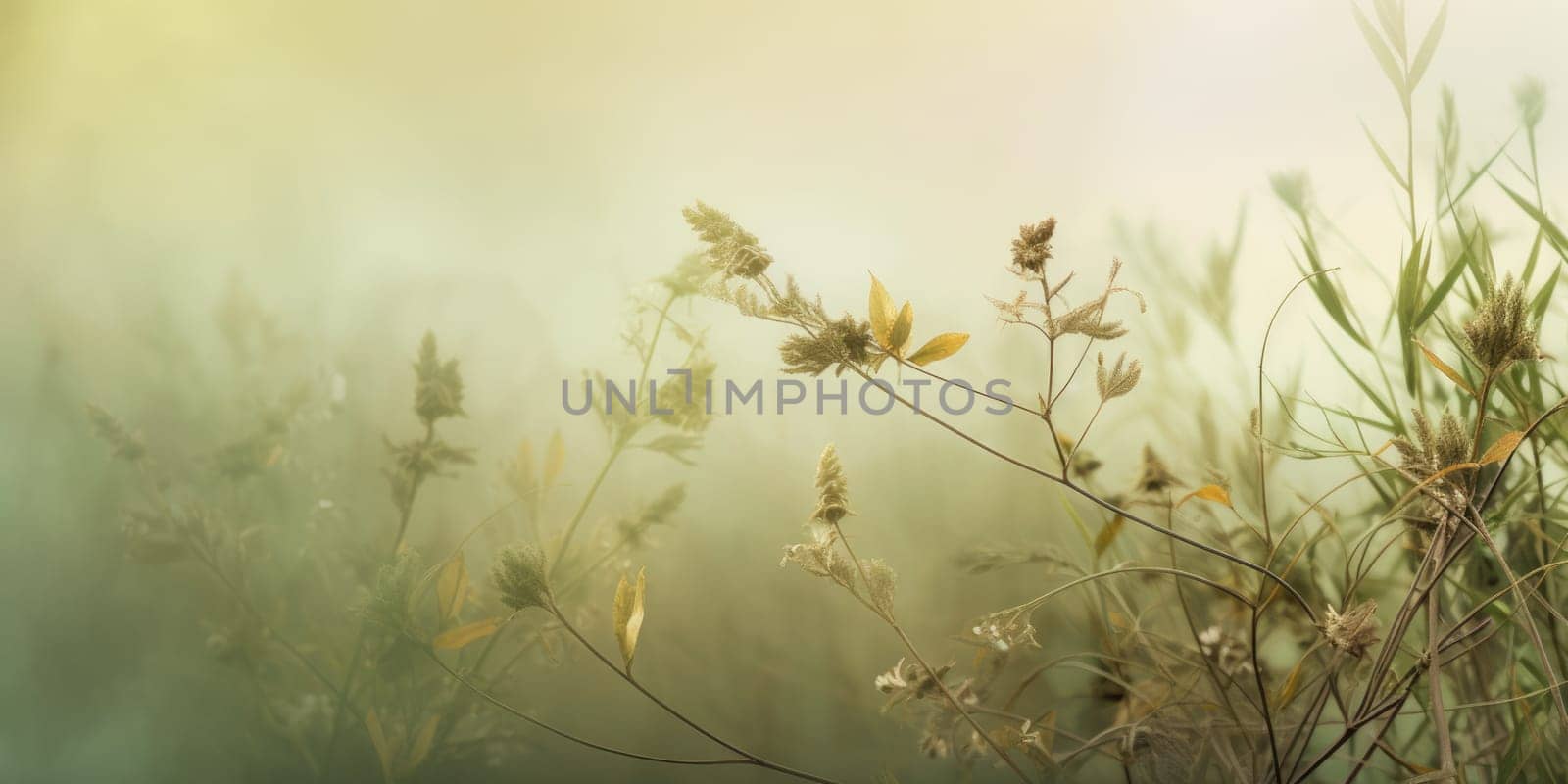 Beautiful abstract green brown misty morning photo floral design background banner. beautiful Generative AI AIG32