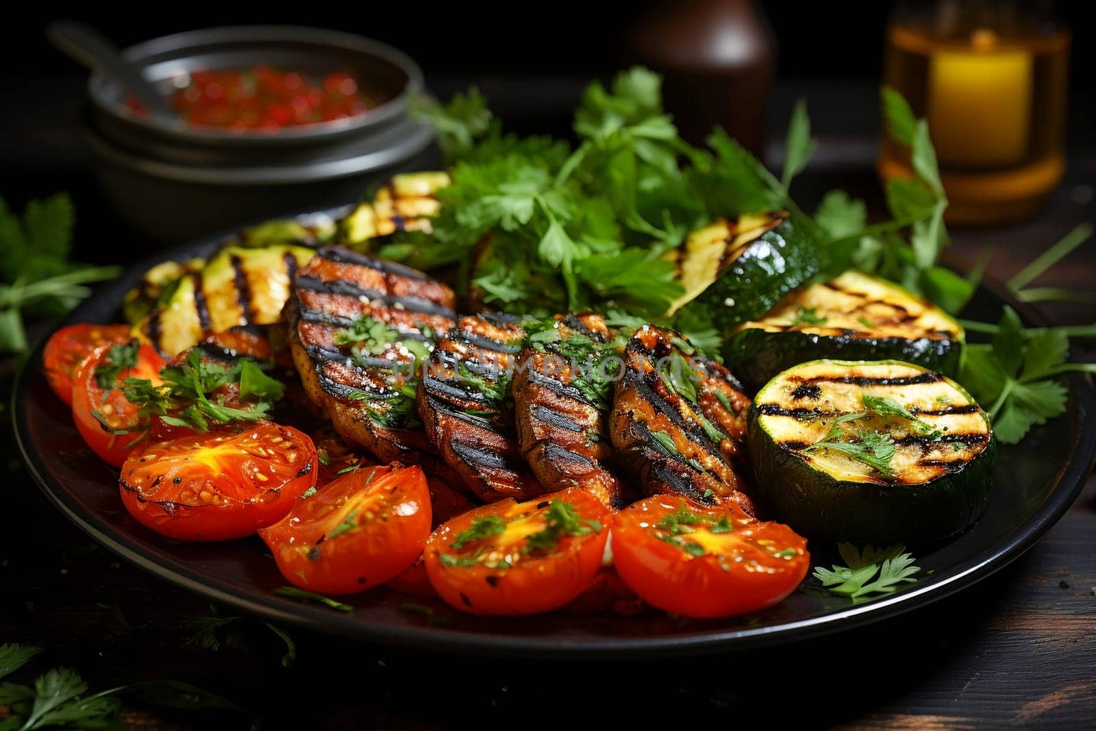 Meat cutlets and grilled vegetables on a dish on the kitchen table, greens and cutlery nearby. AI by maclura