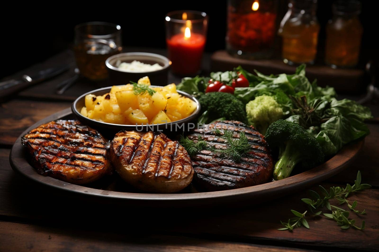 Meat cutlets and grilled vegetables on a dish on the kitchen table, greens and cutlery nearby. AI by maclura
