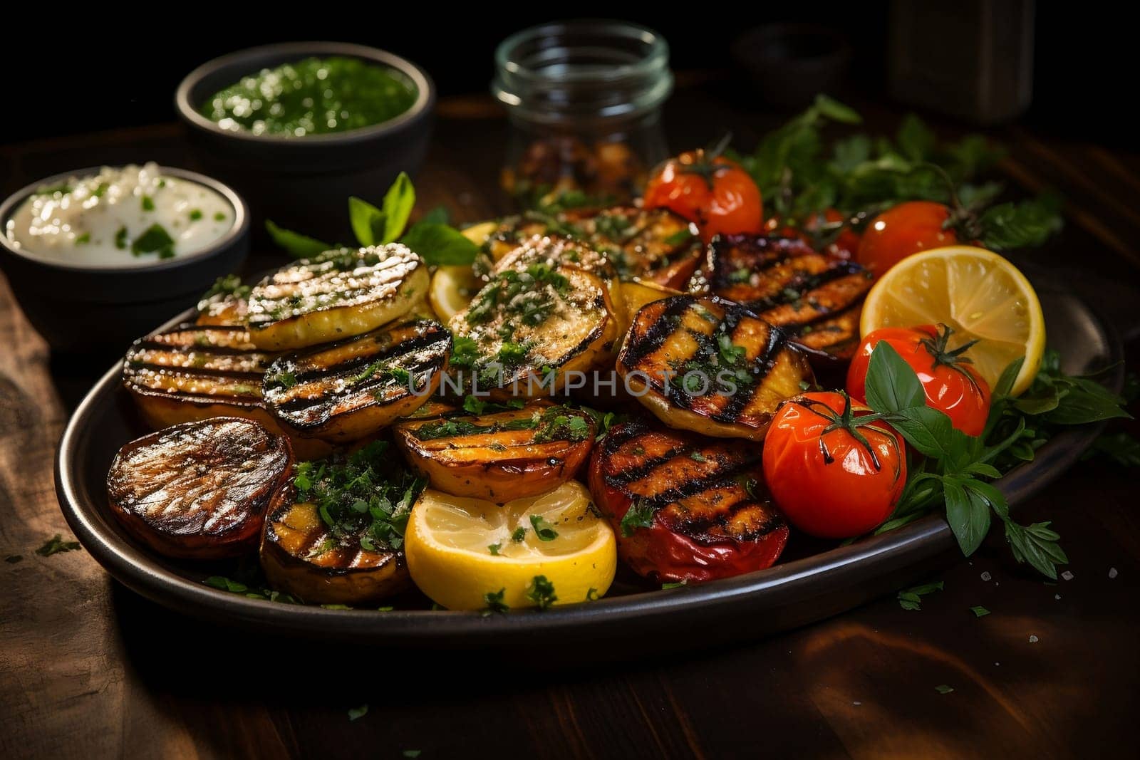 Meat cutlets and grilled vegetables on a dish on the kitchen table, greens and cutlery nearby. AI by maclura