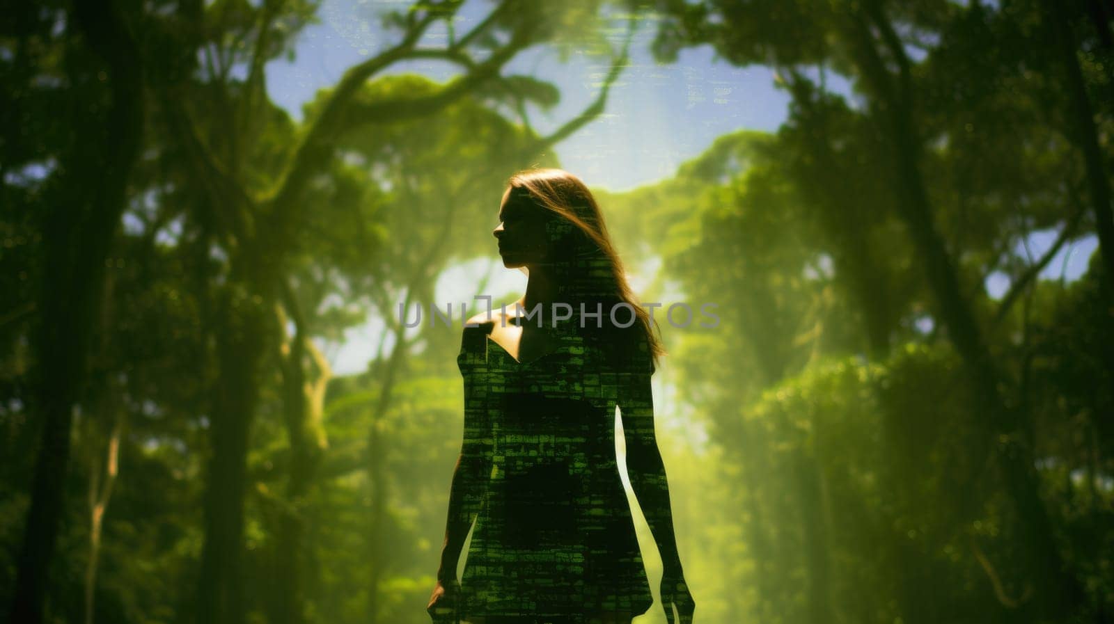 Woman in Yoga Full Body Backlit Pose in the Forrest. Generative AI image weber.