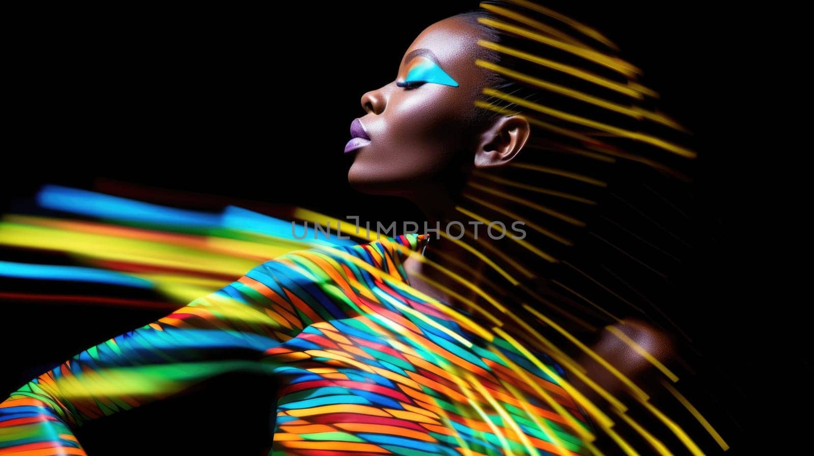 Young african female model posing with trendy fashion outfit and colorful optical art abstract background. Picturesque generative AI