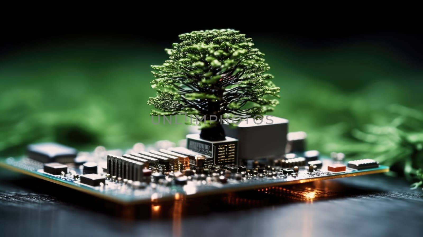 A beautiful large tree growing on the micro chip computer circuit board showing concept of digital business CSR and ethics ESG, waste management. Generative AI weber. by biancoblue