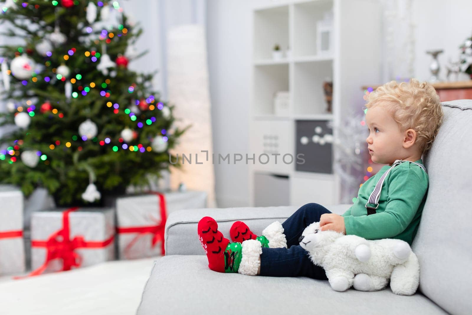 A boy dressed in a light green sweatshirt and suspenders sits on a gray sofa. Next to the child lies a white plush cuddly toy. In the background you can see a Christmas tree decorated with lights, and underneath it large presents.