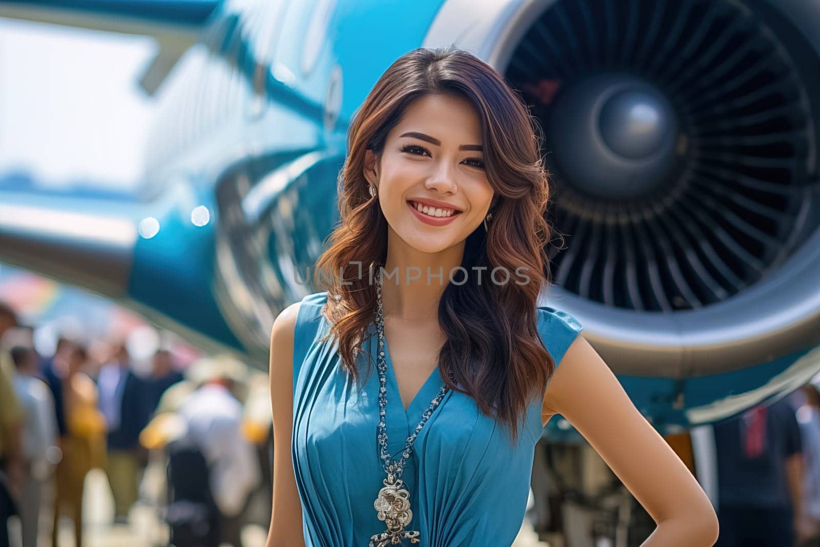 Portrait of a girl standing by the plane. Generative AI. High quality illustration