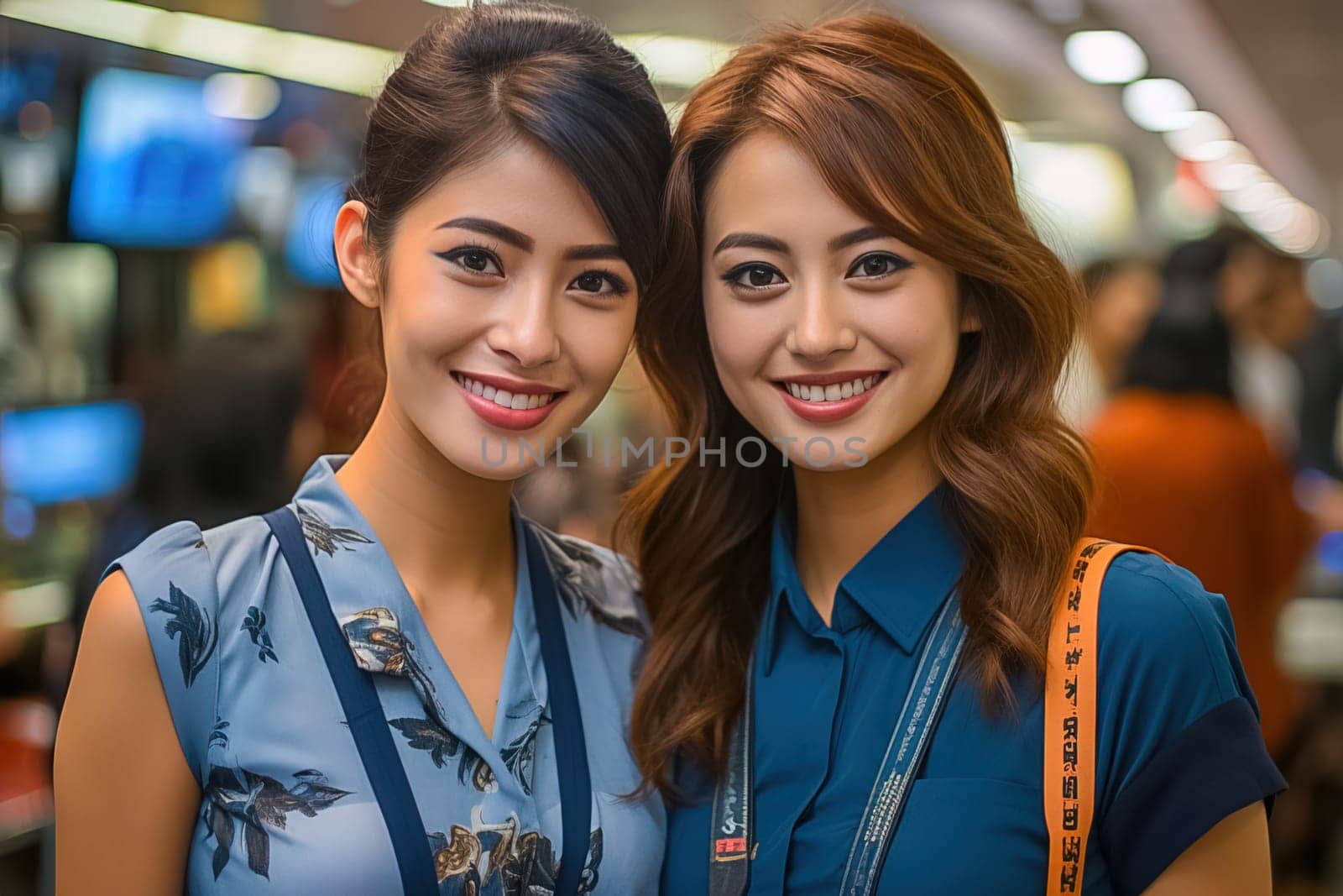 Portrait of Chinese girls standing at the airport in the waiting room. Generative AI. High quality illustration