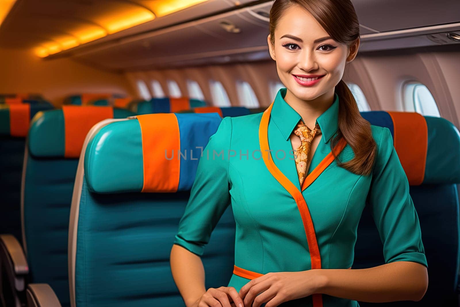 Portrait of a Chinese flight attendant in the cabin. Generative AI. High quality illustration