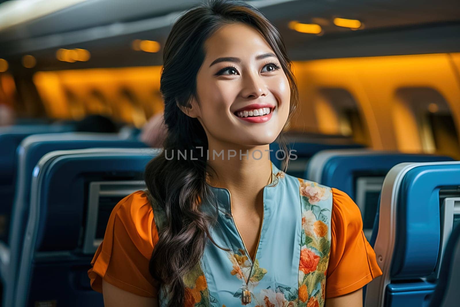 Portrait of a Chinese flight attendant in the cabin. Generative AI. High quality illustration