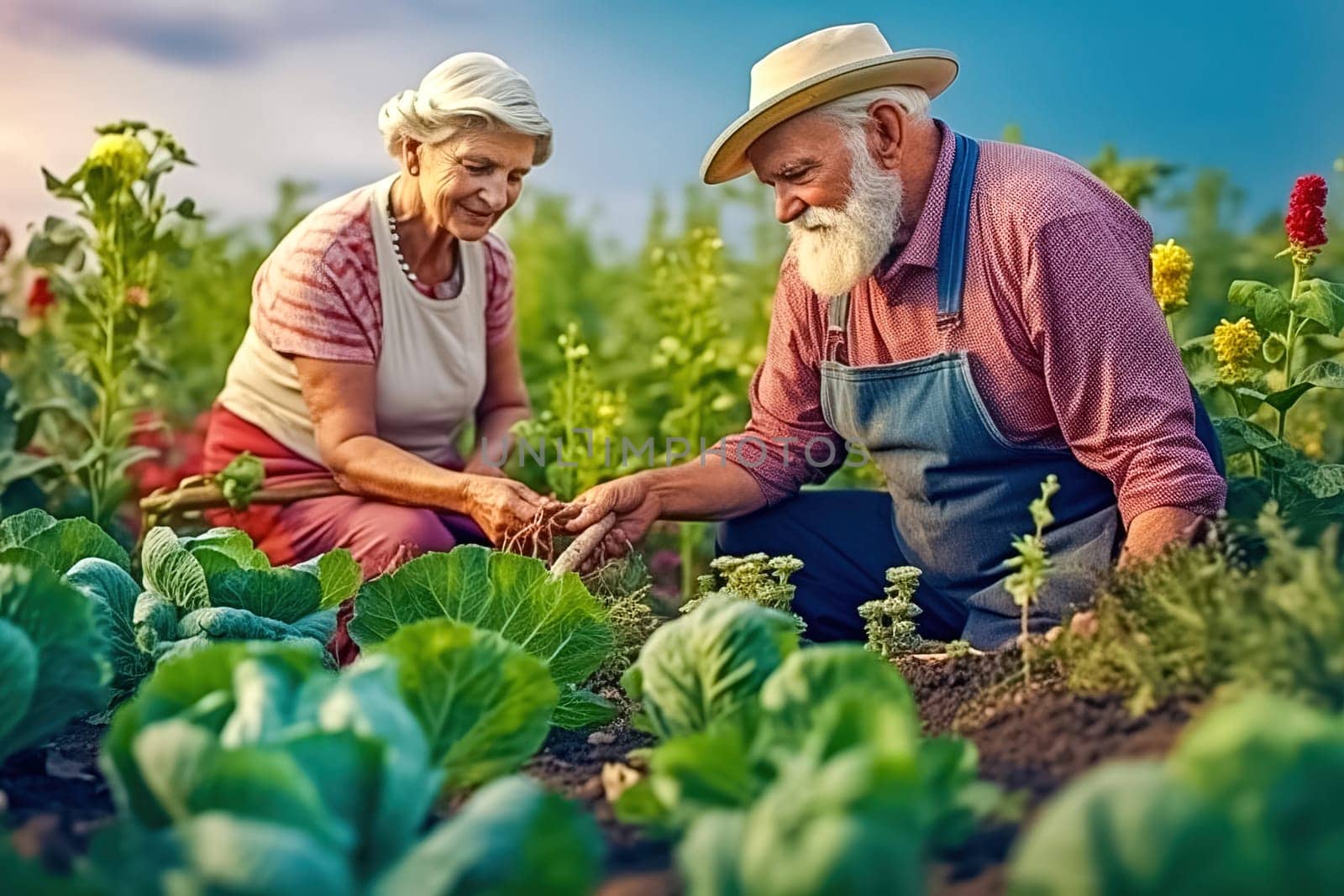 A happy retired couple on their property. Generative AI. High quality illustration