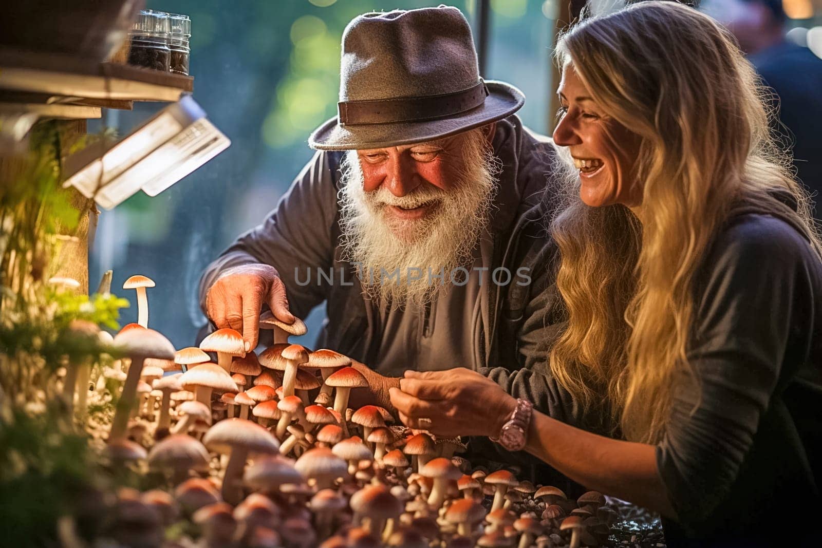 A happy retired couple grows mushrooms on their property. Generative AI. High quality illustration
