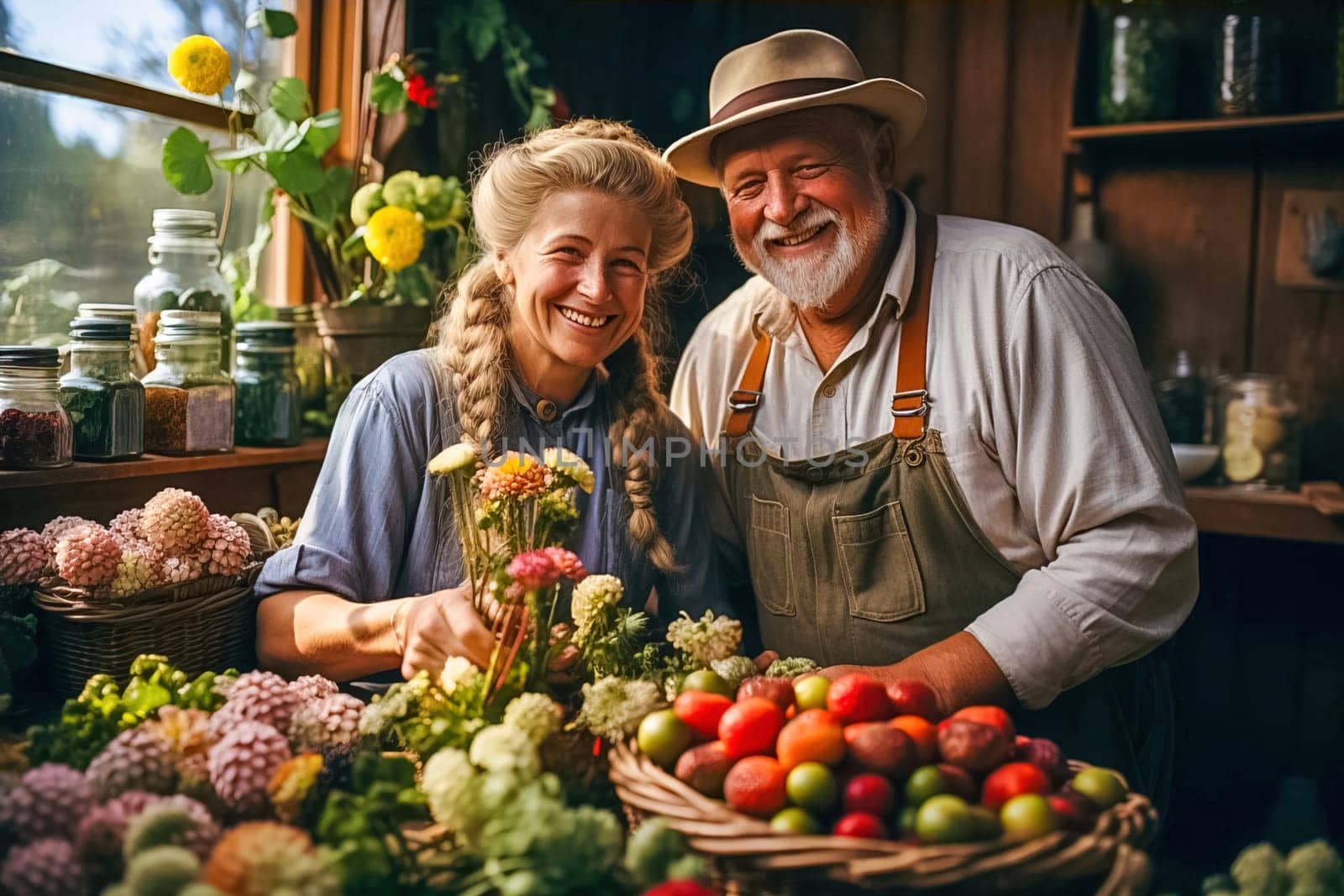 A happy retired couple on their property. Generative AI. High quality illustration