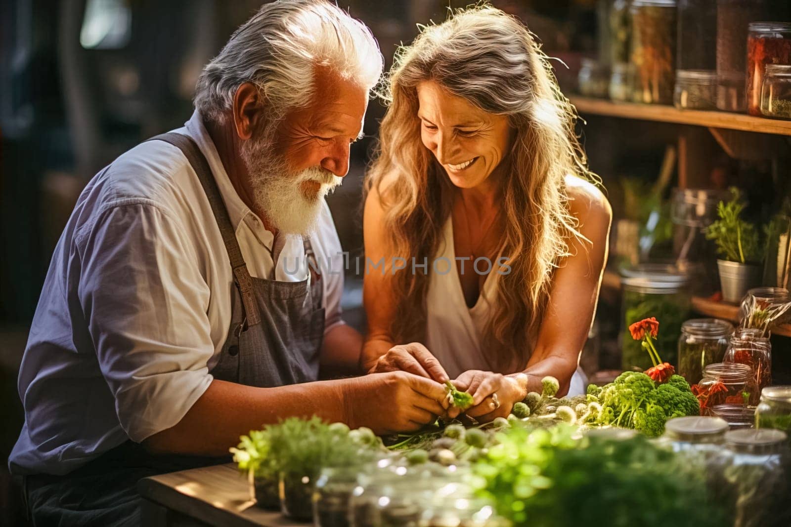 A happy retired couple are engaged in organic farming on their plot. Generative AI. High quality illustration