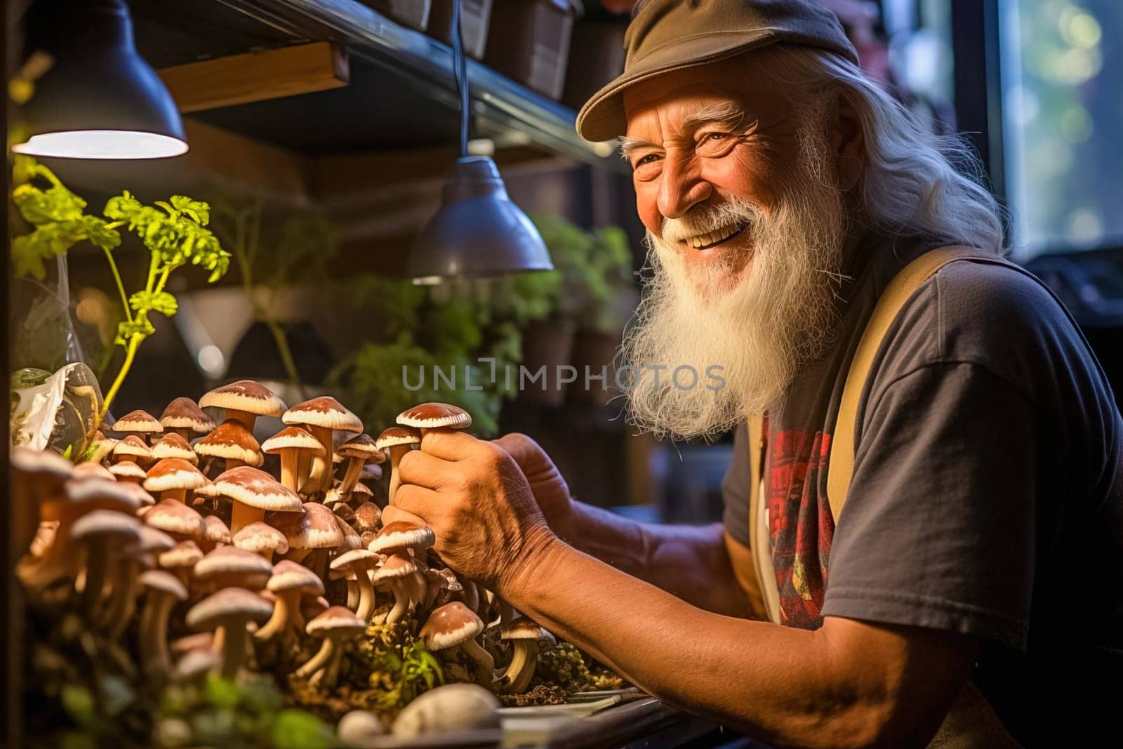 A pensioner grows mushrooms on his plot. Generative AI. High quality illustration