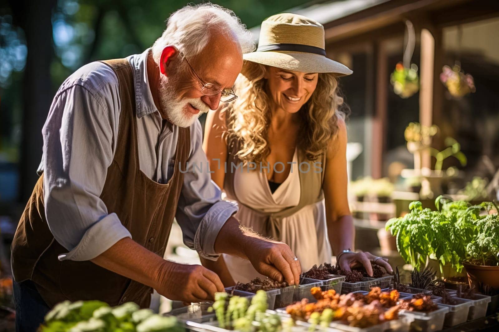 A happy retired couple are engaged in organic farming on their plot. Generative AI. High quality illustration