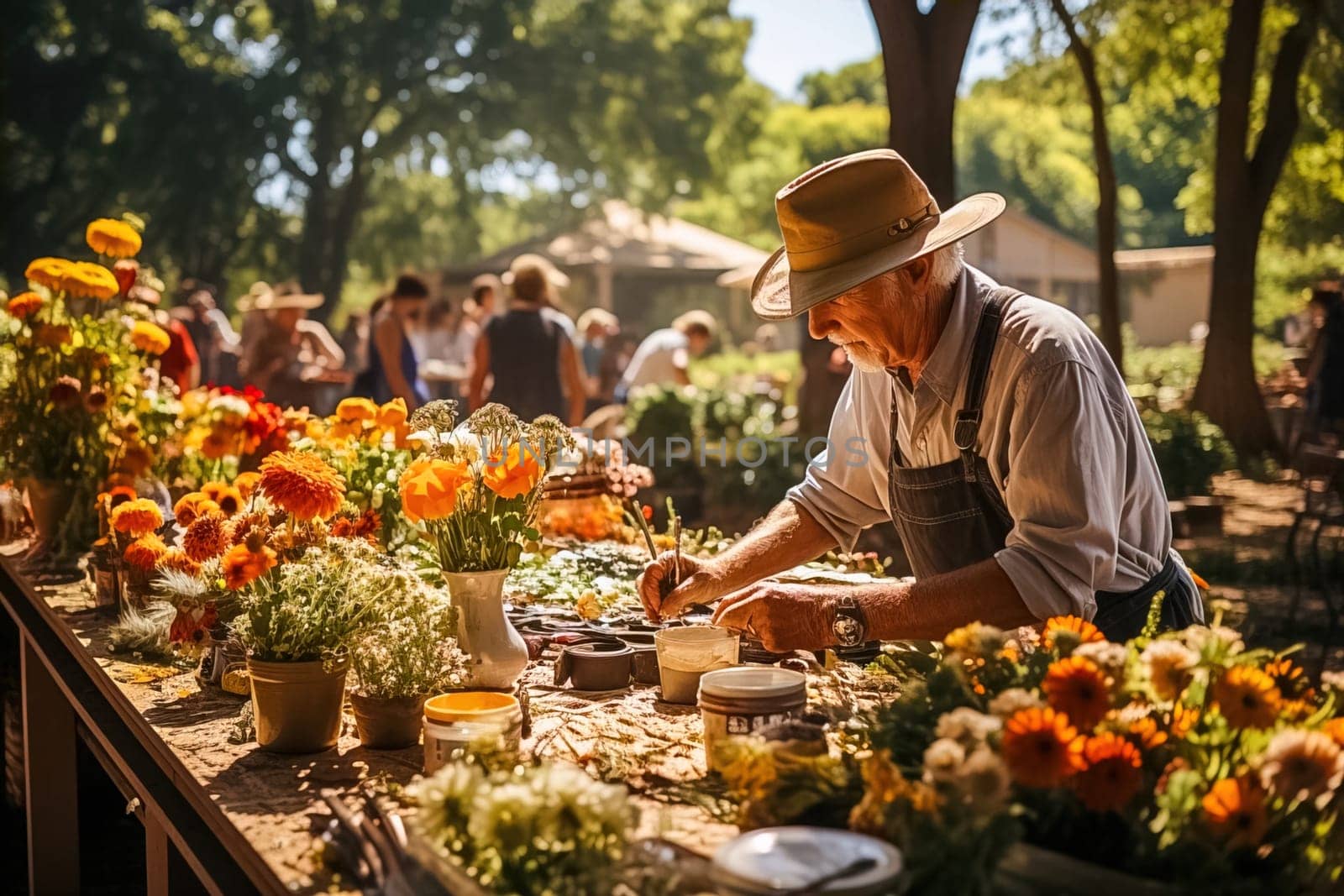 A retired gardener grows flowers in his backyard. Generative AI. High quality illustration