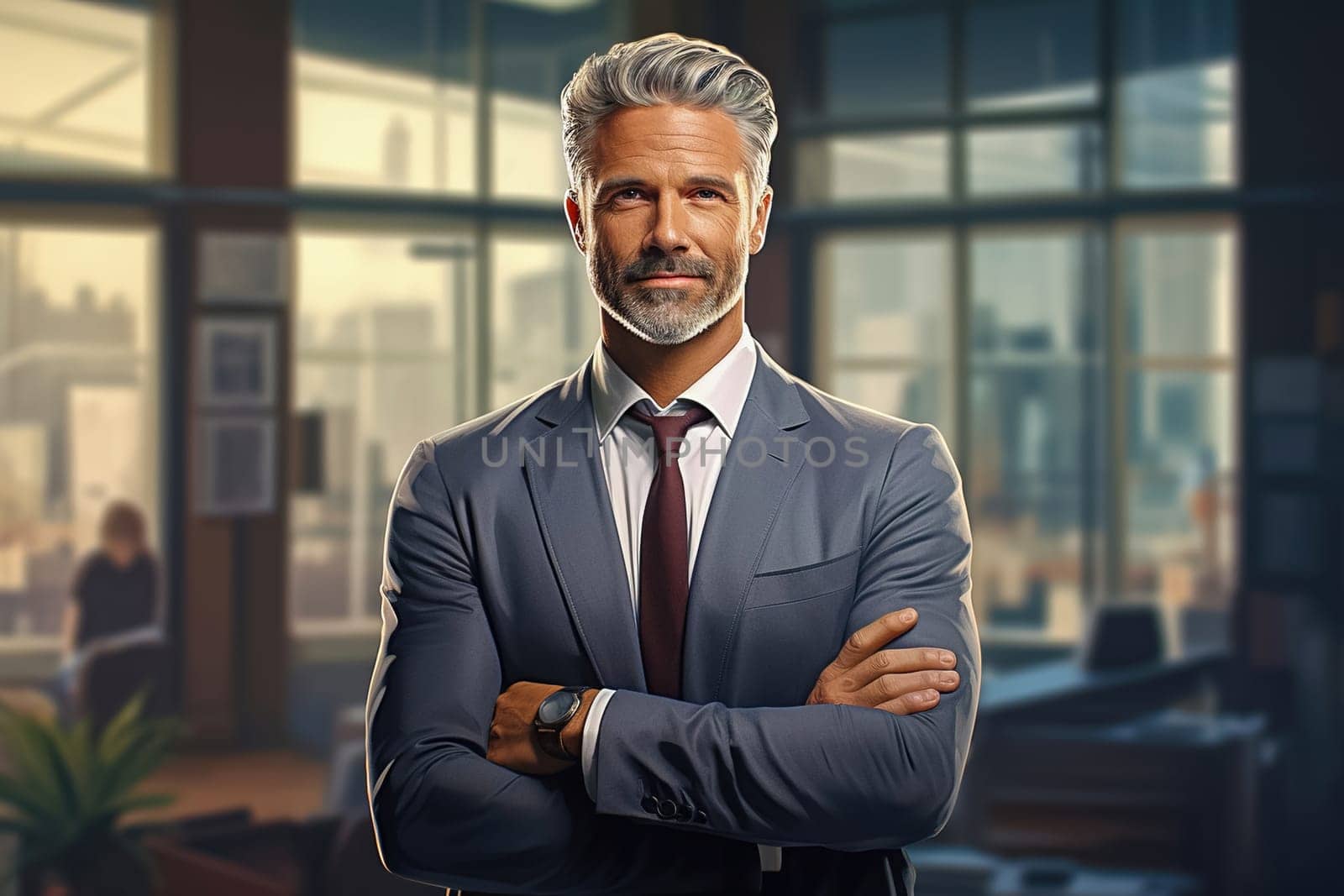 Portrait of a male executive with crossed arms. Generative AI. High quality illustration