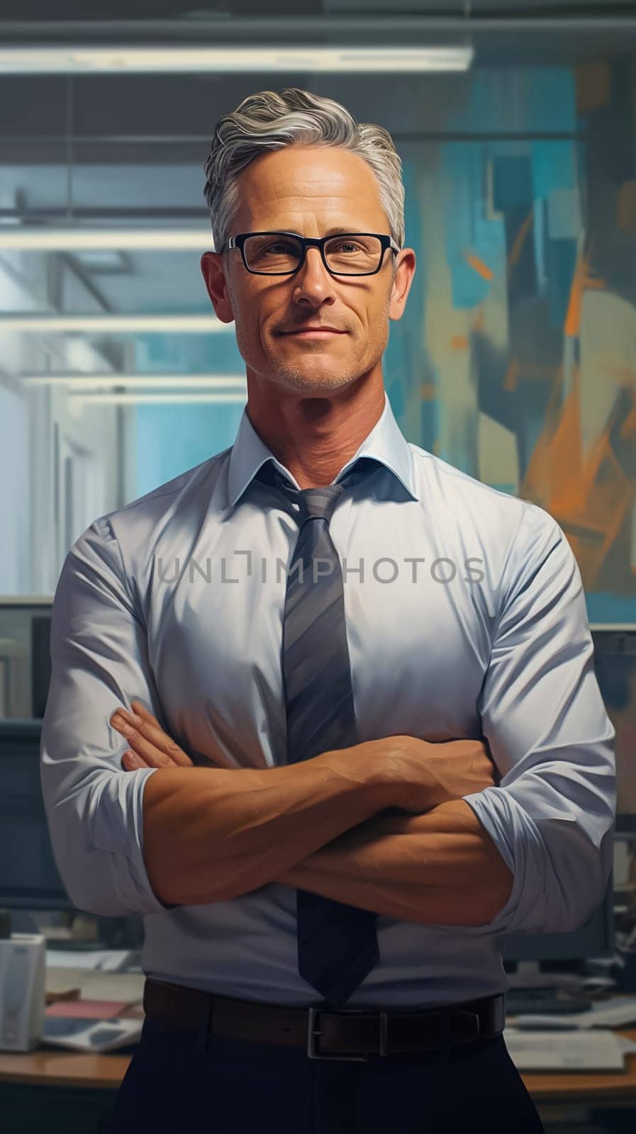 Portrait of a male executive with crossed arms. Generative AI. High quality illustration
