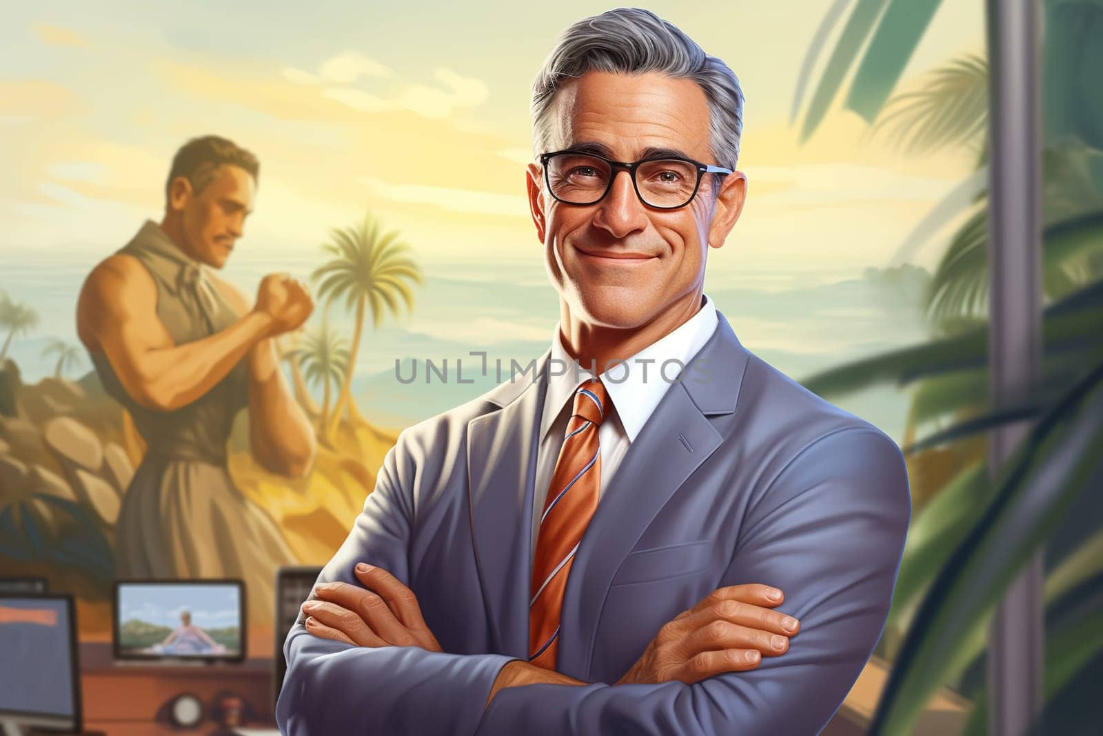 Portrait of a male executive with crossed arms. Generative AI. High quality illustration