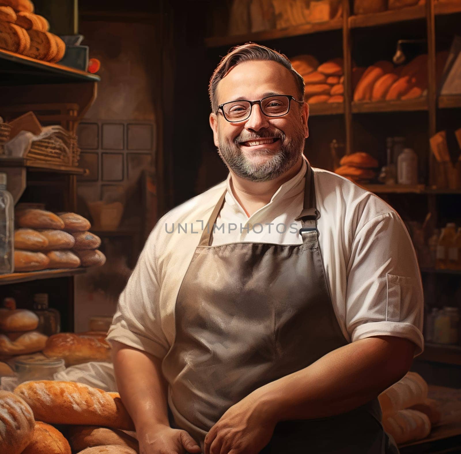 Portrait of a baker in a bakery on the background of bakery products. Generative AI. High quality illustration