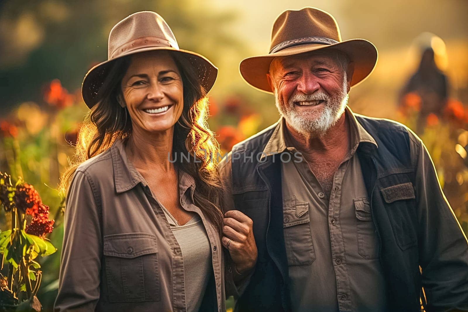 A happy retired couple on their property. Generative AI. High quality illustration