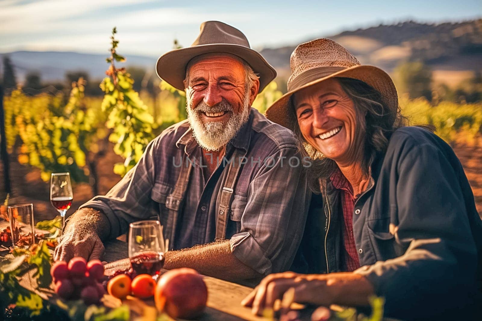 Happy pensioners drink wine on their plot. Generative AI. High quality illustration