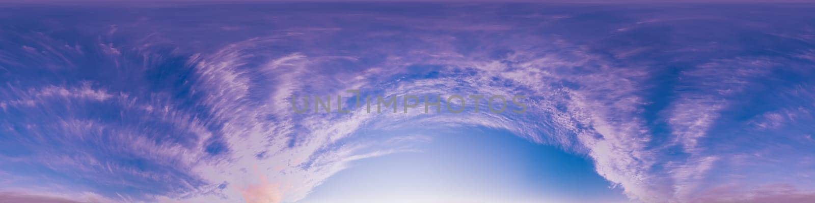 Bright sunset sky panorama with Cirrus clouds. Seamless hdr spherical equirectangular 360 panorama. Sky dome or zenith for 3D visualization, game and sky replacement for aerial drone 360 panoramas.