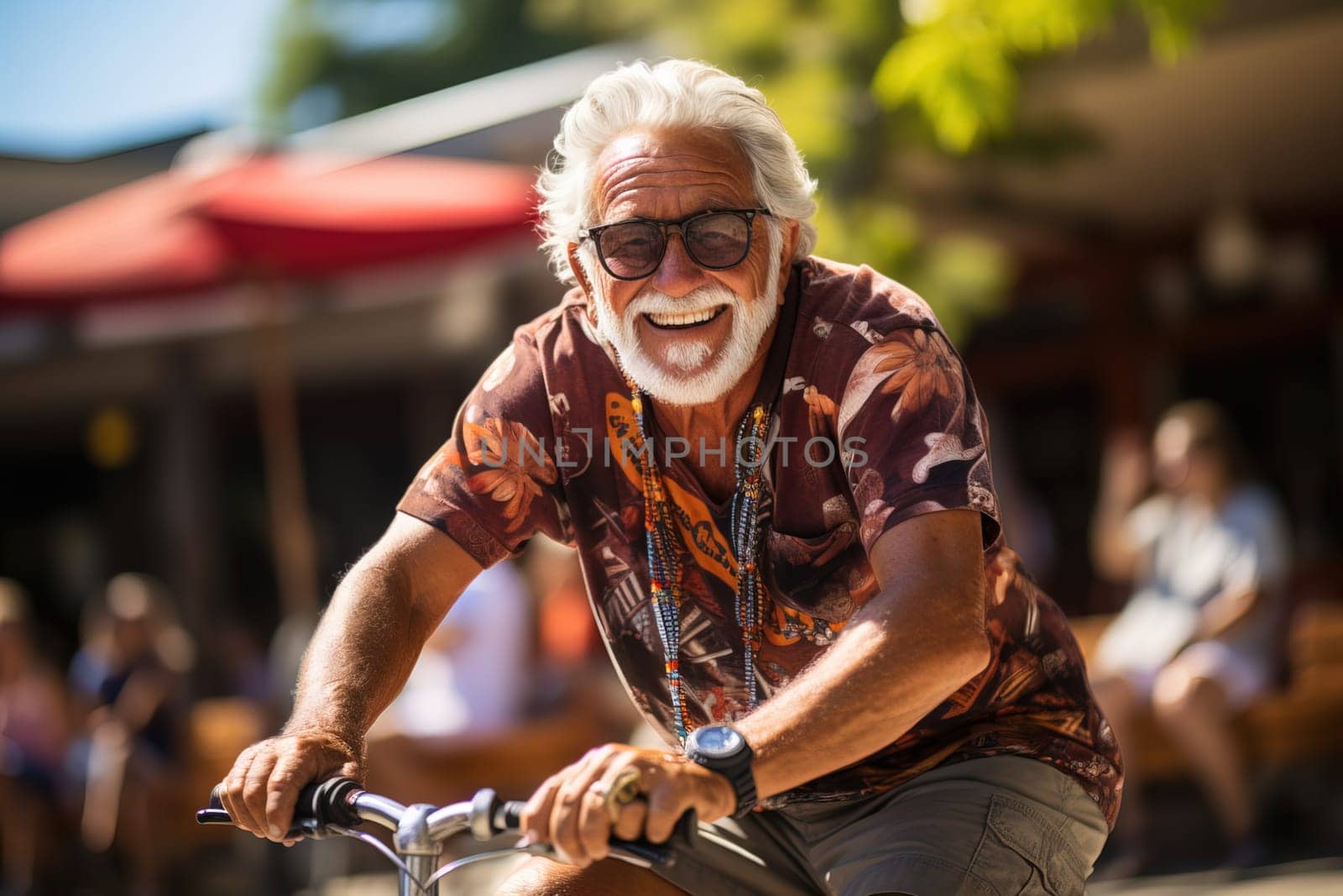 A pensioner rides a bicycle around the city. Generative AI. High quality illustration