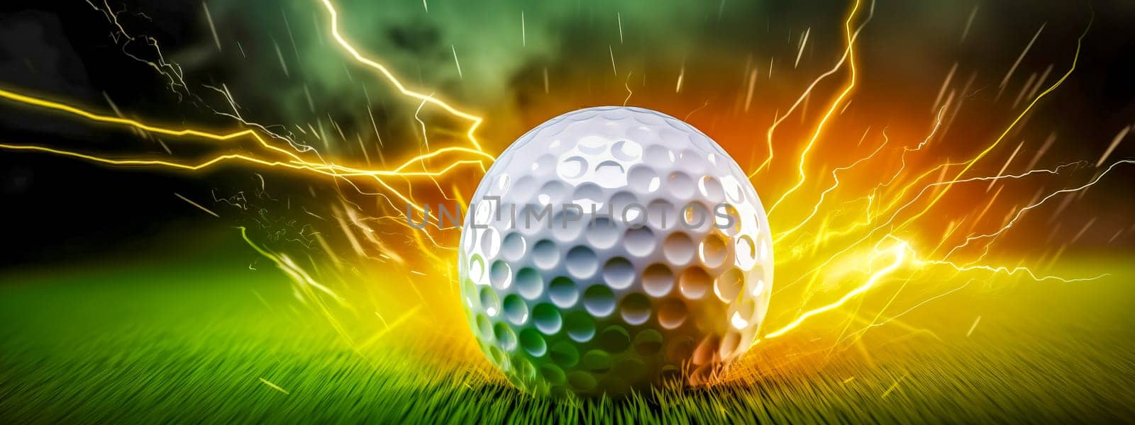 golf ball hitting the lawn causes a splash of flash power, made with Generative AI by Edophoto