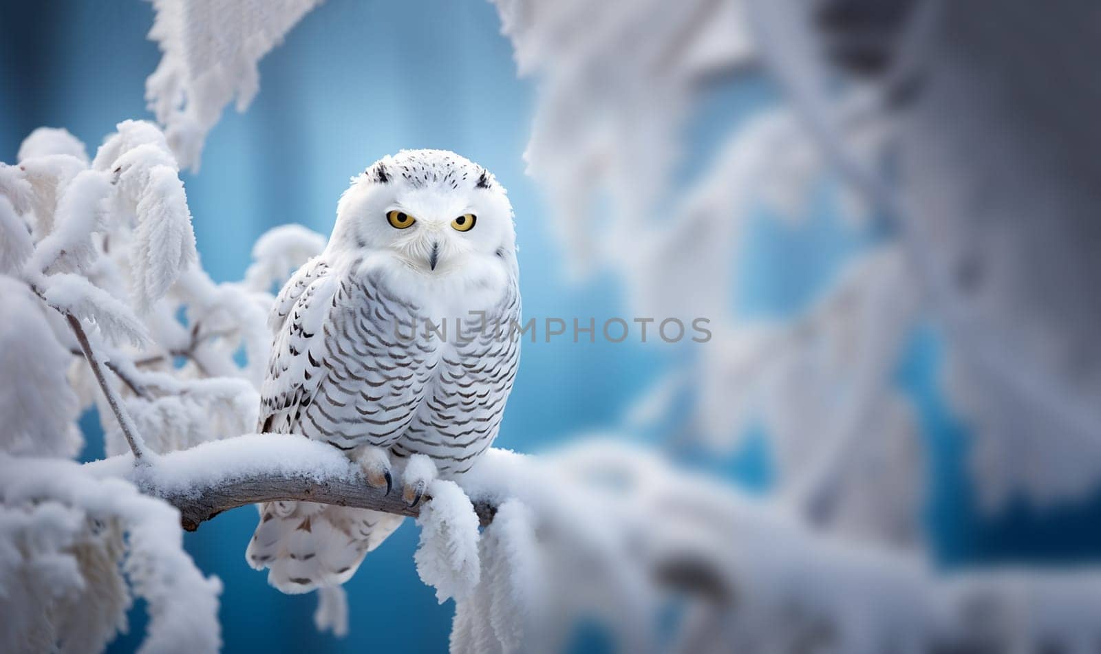 White winter owl perched on a tree branch in a winter snow landscape, beautiful wildlife winter wonderland with copy space snow bird space for text