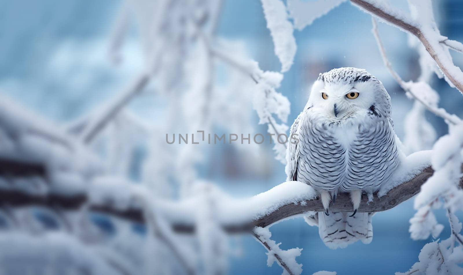 White winter owl perched on a tree branch in a winter snow landscape, beautiful wildlife winter wonderland with copy space snow bird space for text