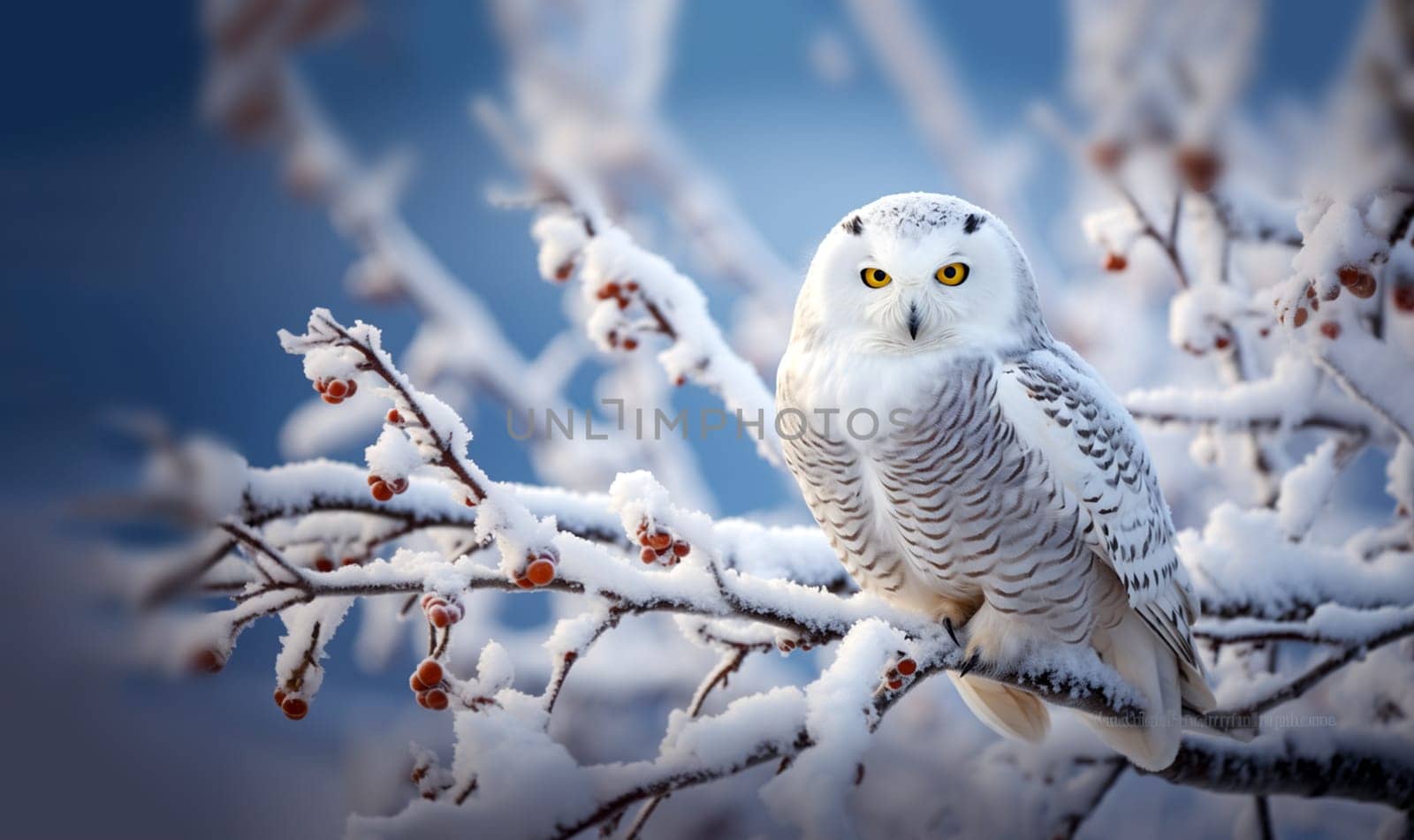 White winter owl perched on a tree branch in a winter snow landscape, beautiful wildlife winter wonderland with copy space snow bird space for text