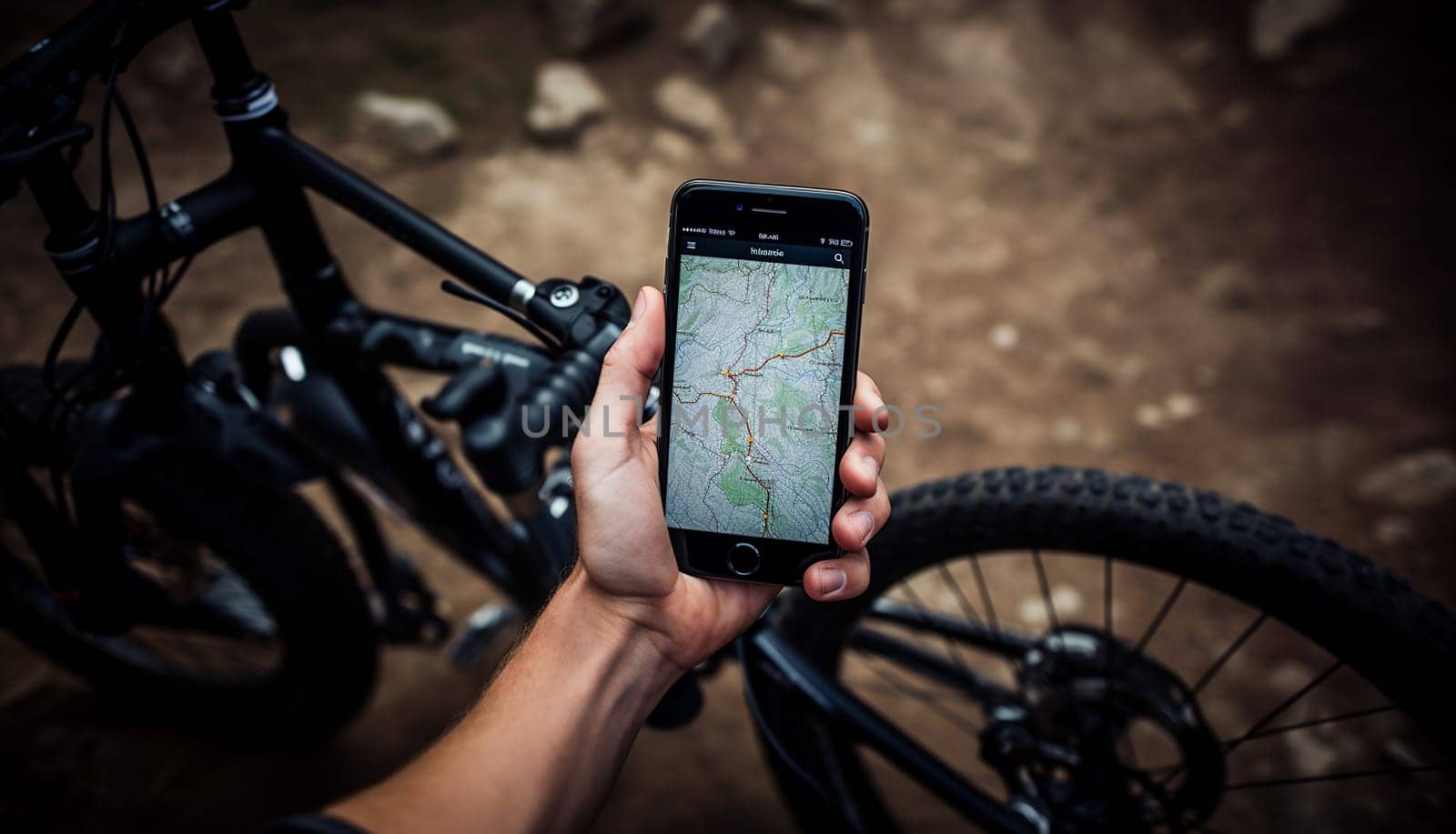 Man planning route using GPS navigation application in mobile phone on his bicycle bike,mountain bike active in the mountains looking for navigation copy space