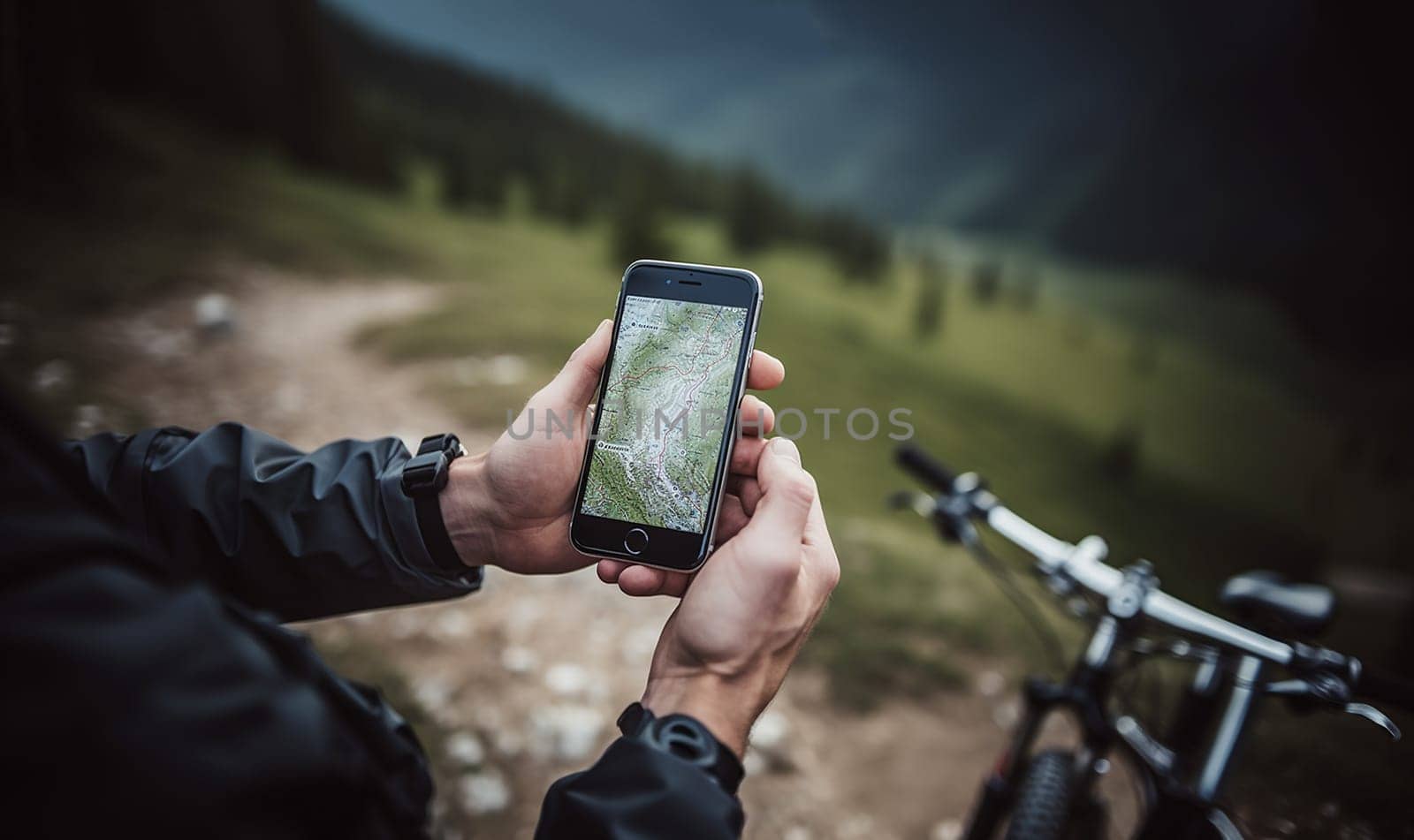 Man planning route using GPS navigation application in mobile phone on his bicycle bike,mountain bike active in the mountains looking for navigation copy space