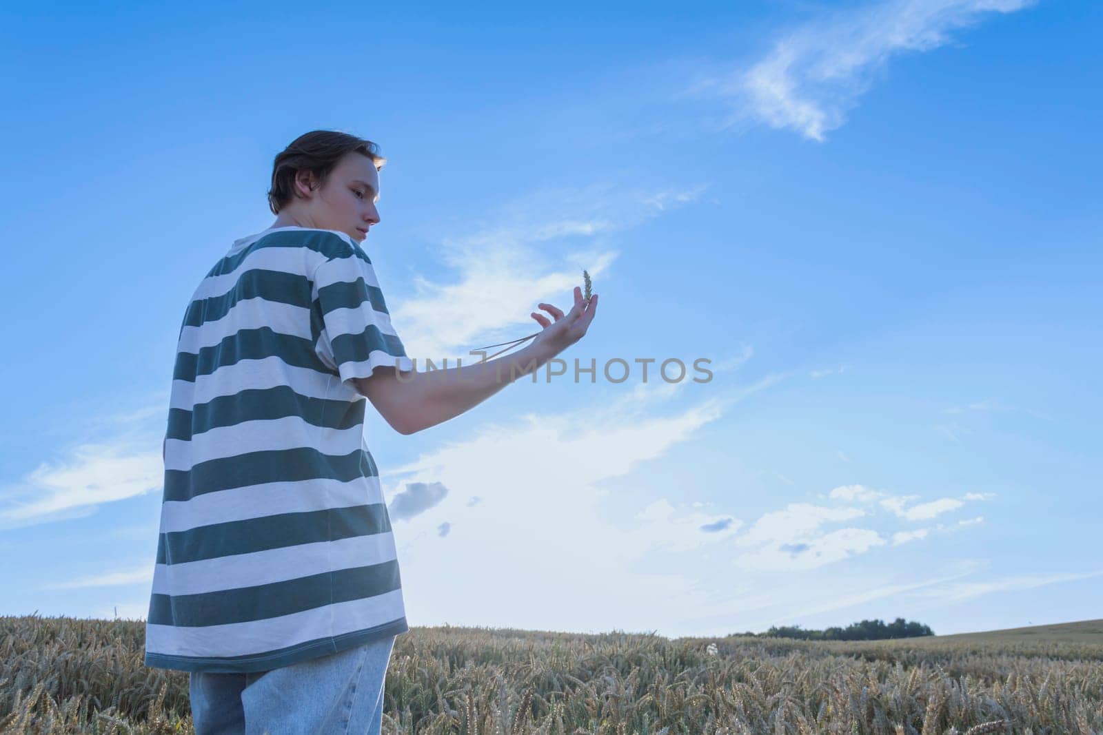 A young guy, a teenager with ears of ripe wheat in a farmer's field, against a blue sky. Grain for making bread. the concept of economic crisis and hunger