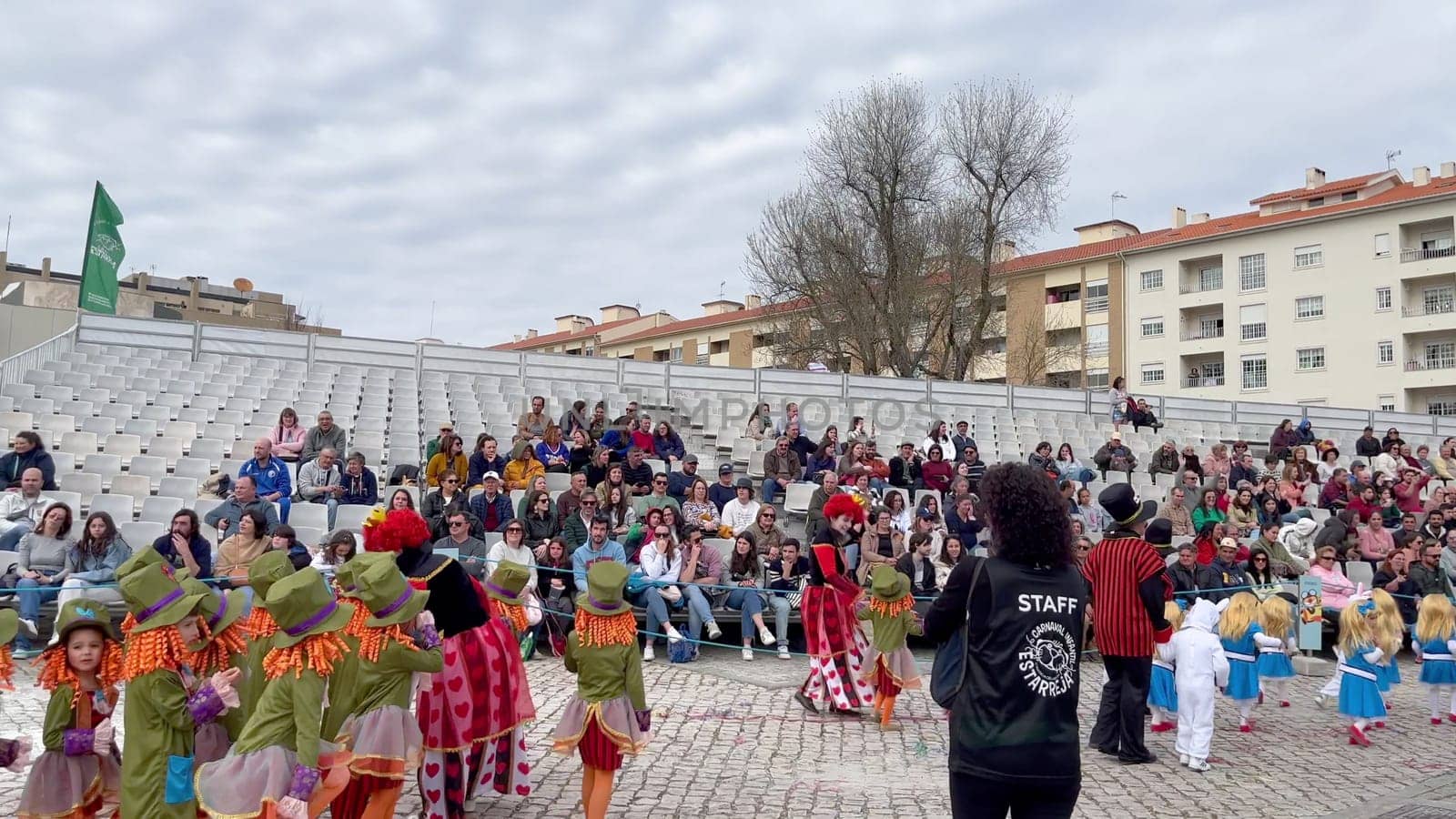 Estarreja, Portugal - 12.02.2023: Traditional winter annual Estarreja Children carnival, Portugal. Costume music dance children festival