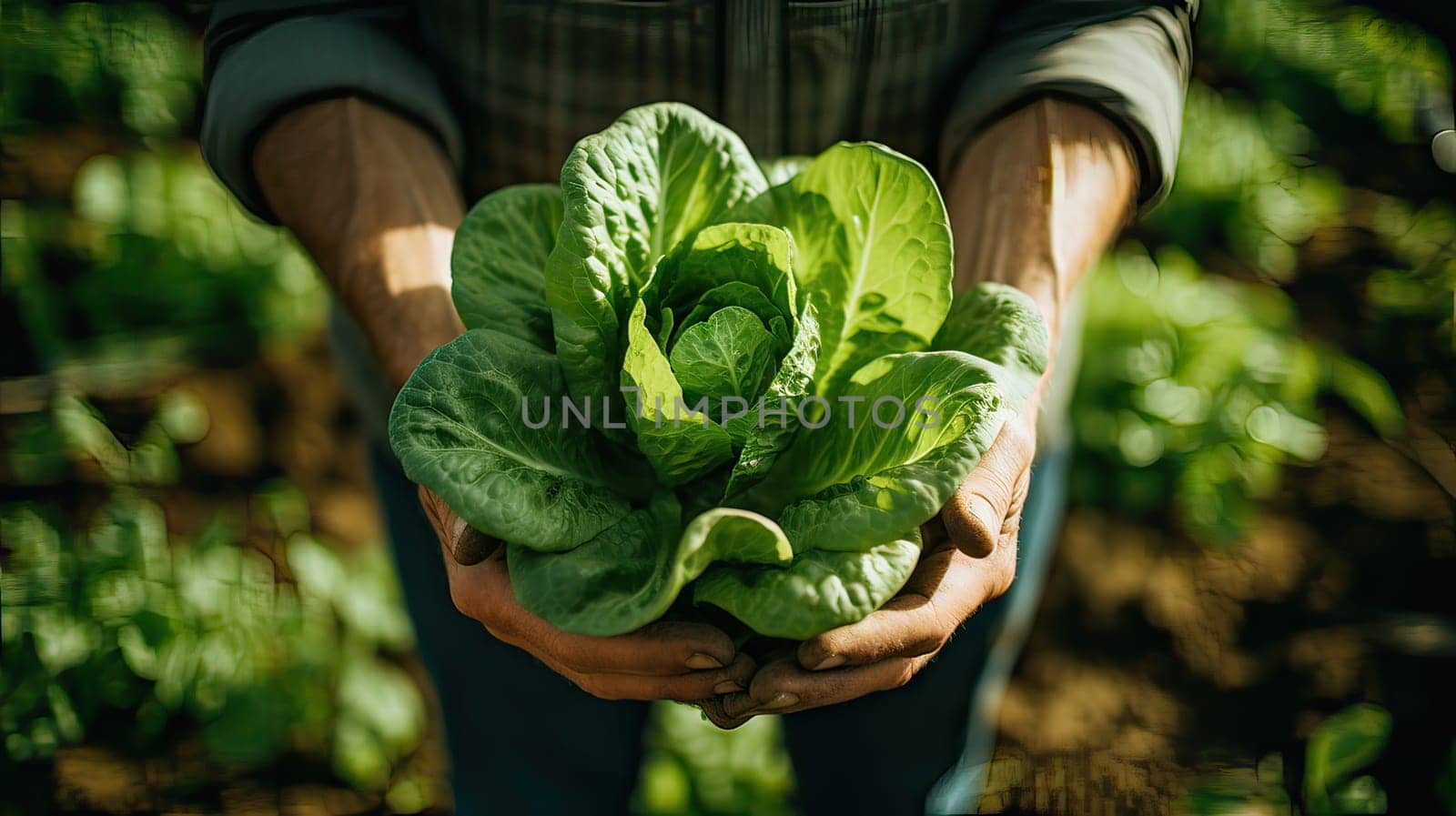 Lush Green Lettuce Nestled in Gentle Hands, Flourishing in Fertile Garden Soil from an Aerial Perspective