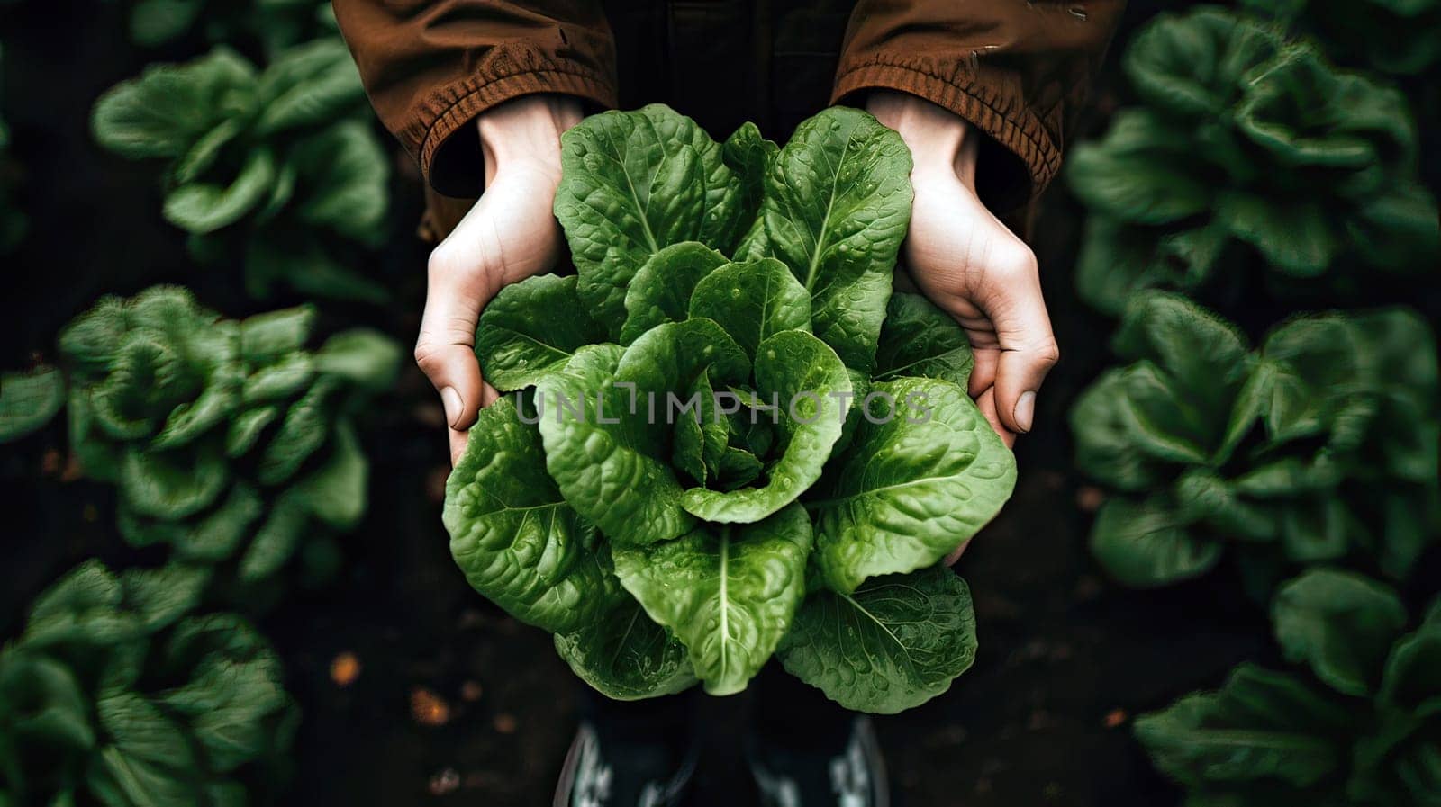 Abundant Green Lettuce Grasped in Hands, Growing Beautifully on Loose Soil in Bountiful Garden.