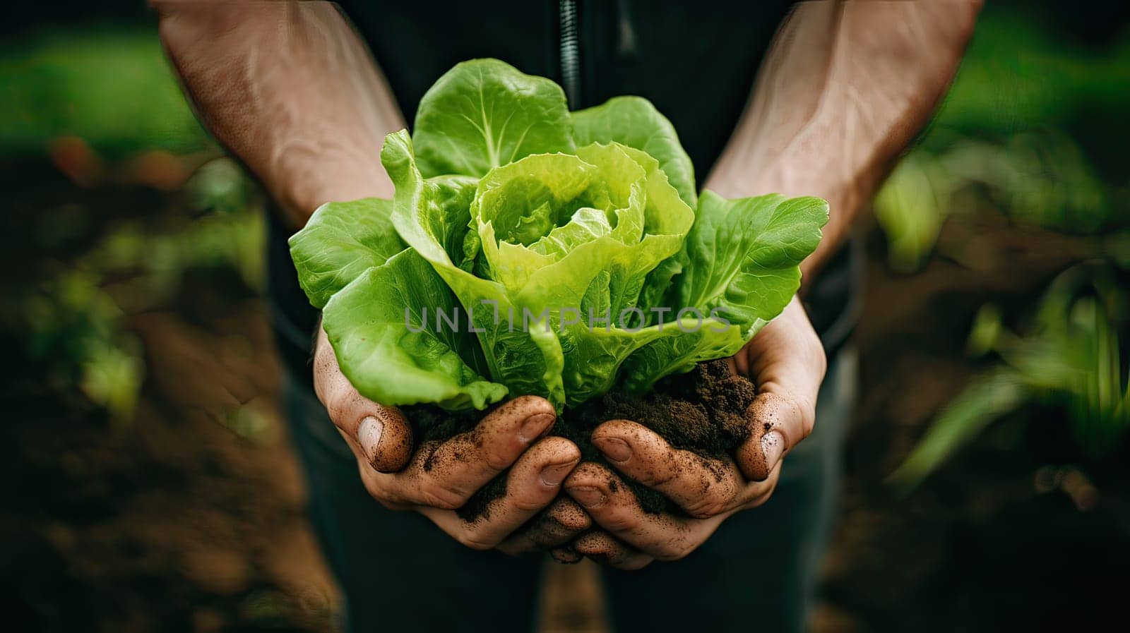 "Vibrant Green Lettuce Held in Hands, Flourishing in a Lush Garden Bed of Loose Soil.