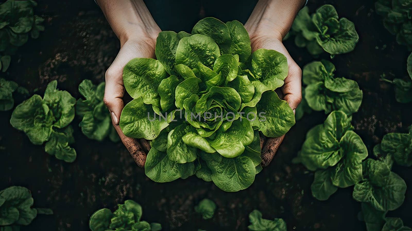 Abundance of Fresh Green Lettuce Grasped in Hands, Thriving in Nurturing Garden Soil.