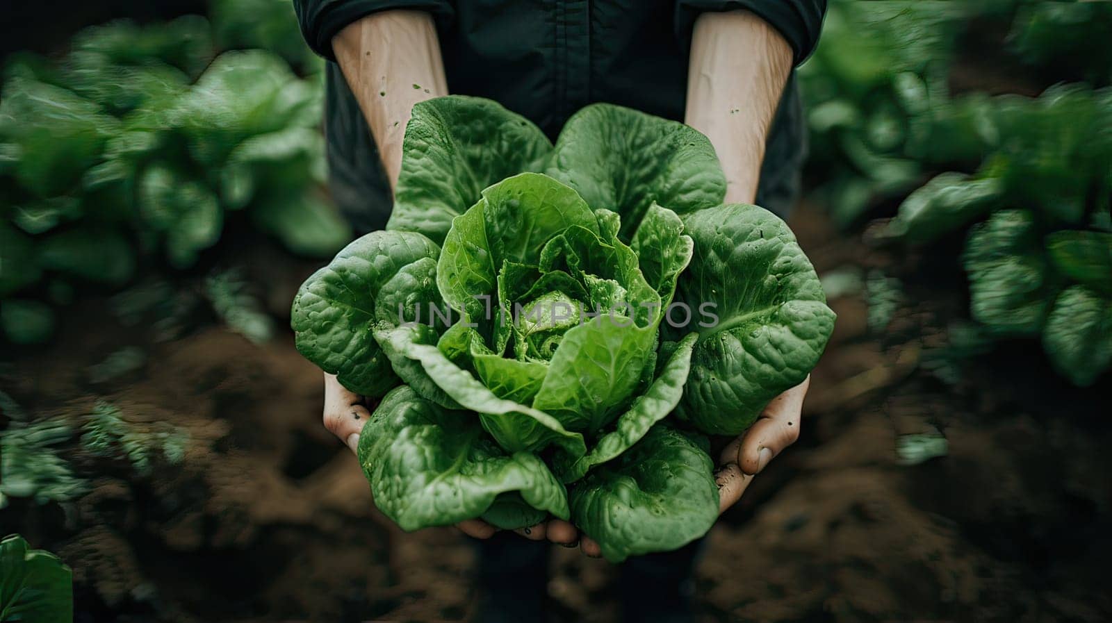Abundant Harvest of Fresh Green Lettuce Embraced by Hands, Thriving in a Serene Garden Setting