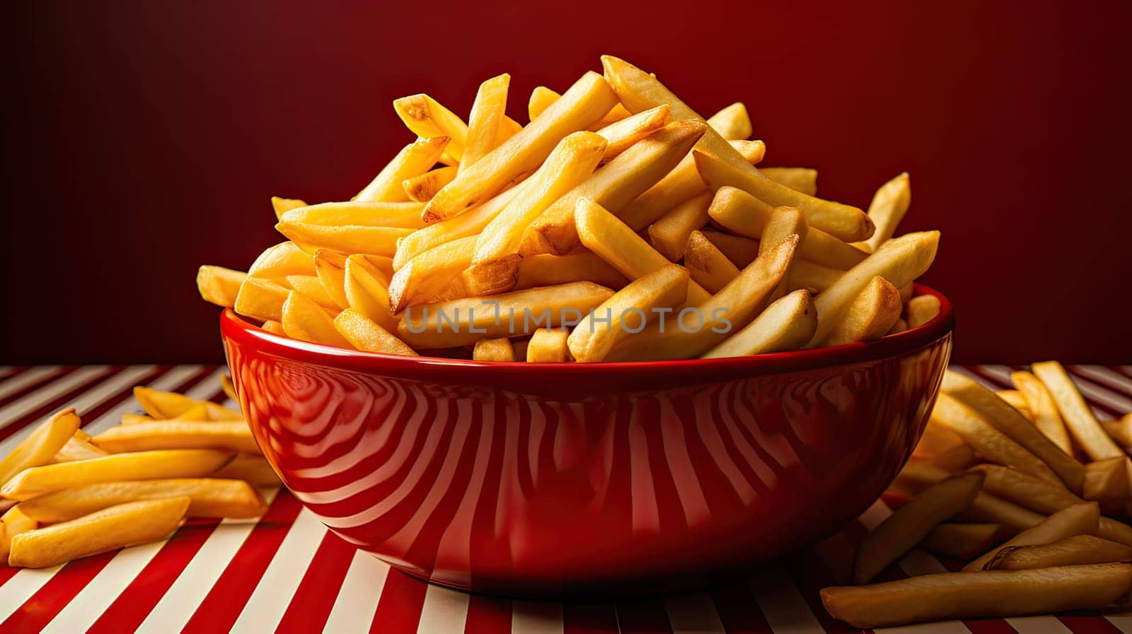 Savory Delight: Crispy French Fries Served in a Striking Red Bowl, Perfect for Indulging Snack Cravings