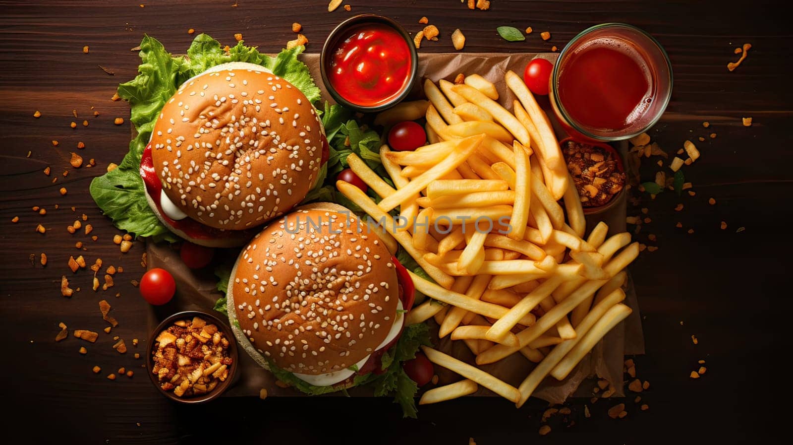 Irresistible Fast Food Temptation: Two Hamburgers, French Fries, Sauces, and Drinks in Top View.