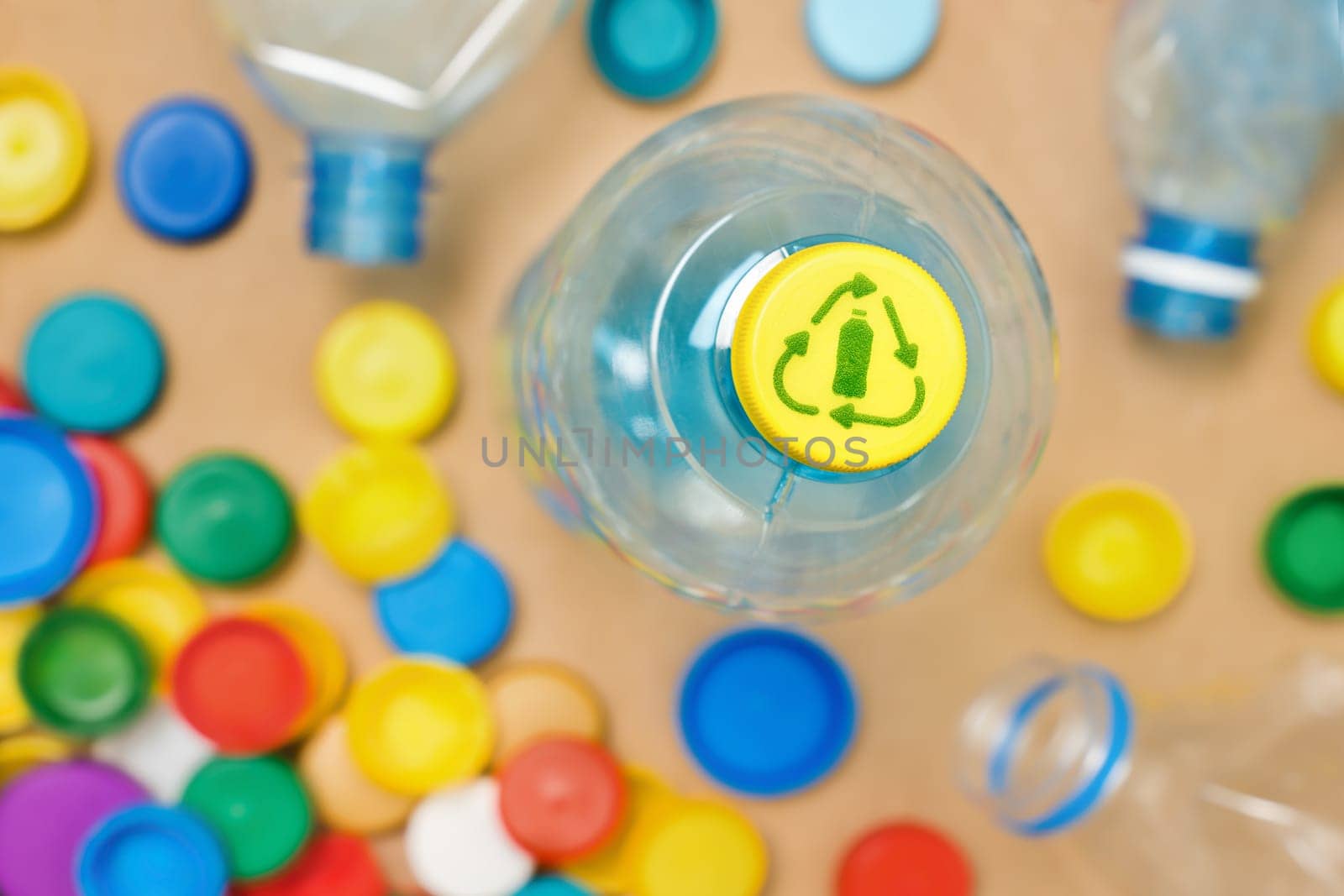 Separate garbage PET recycle plastic bottle caps recycling bottles icon recycle symbol packaging icon. Bottle cap separate waste sorting plastic cap sorting PET plastic garbage sorting used PET waste.