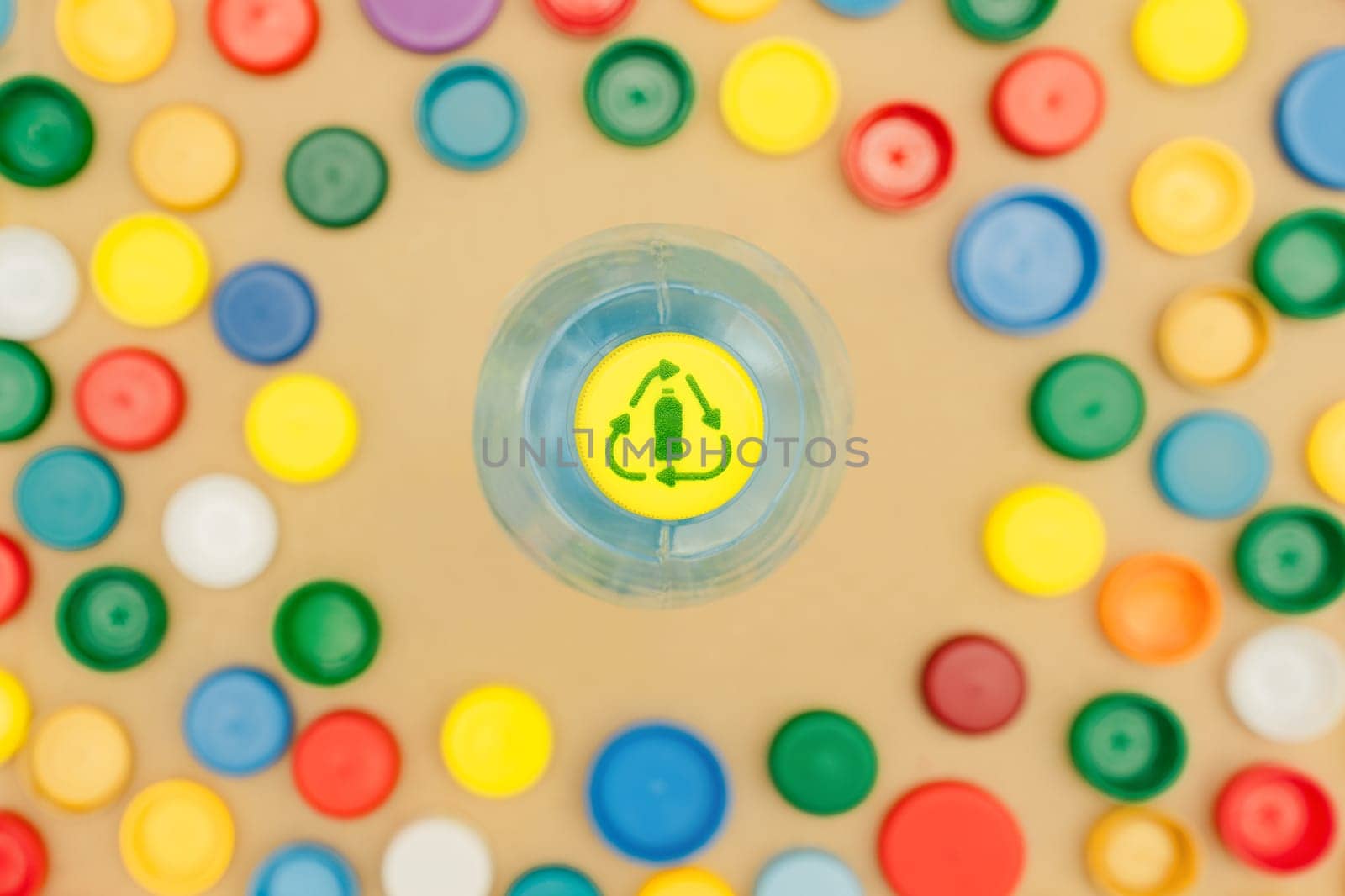 Separate garbage PET recycle plastic bottle caps recycling bottles icon recycle symbol packaging icon. Bottle cap separate waste sorting plastic cap sorting PET plastic garbage sorting used PET waste by synel