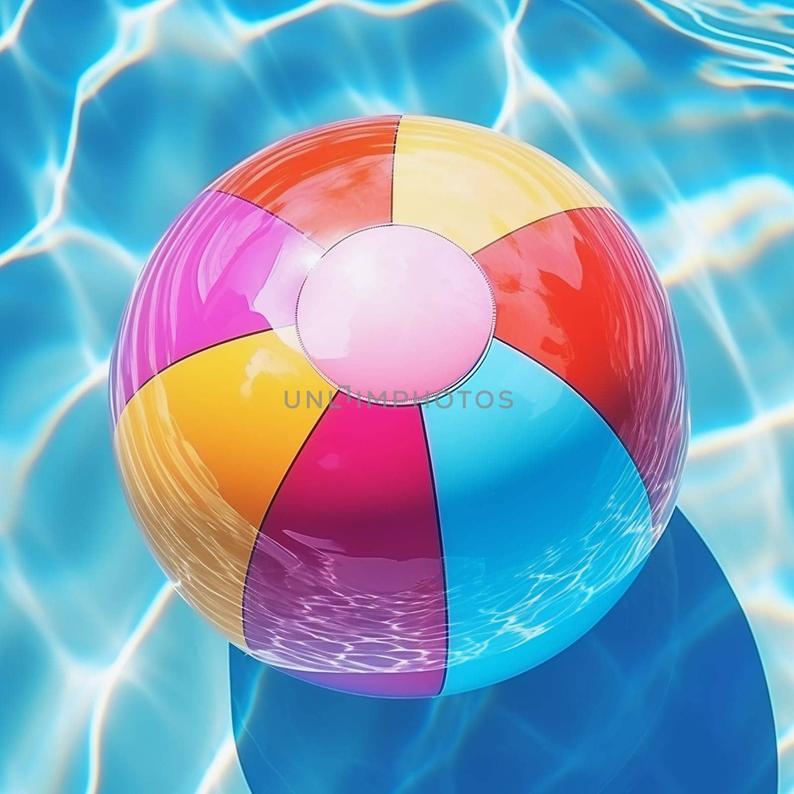Inflatable Colorful Beach Ball. Floats on the surface of the water in the pool. Summer colorful vacation background.
