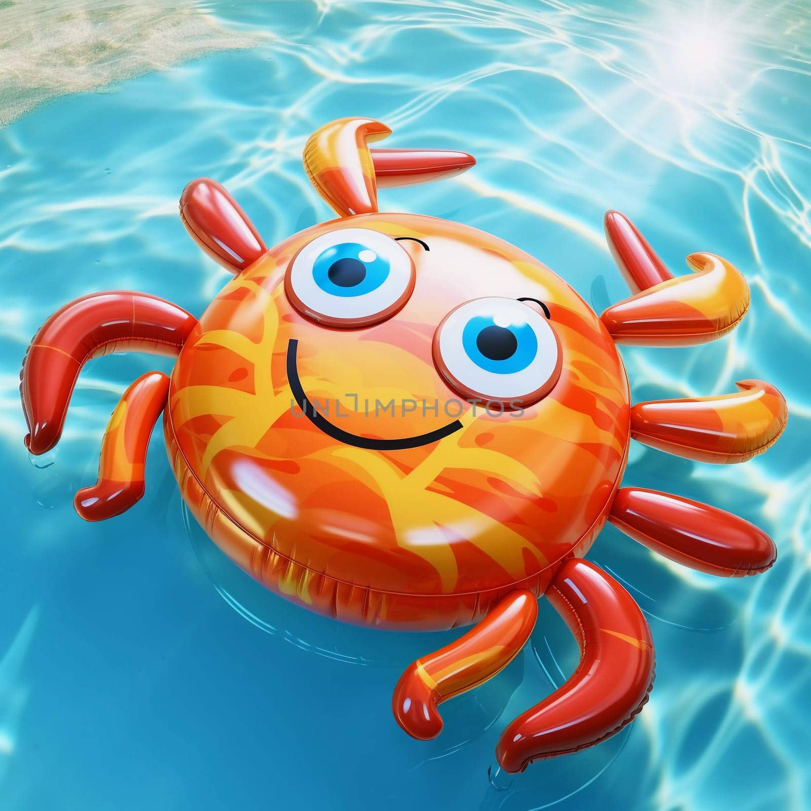 Crab Air Mattress. Floats on the surface of the water in the pool. Summer colorful vacation background.