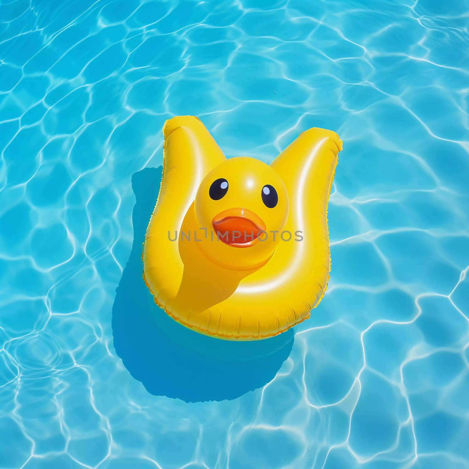 Yellow Cute Duck Air Mattress. Floats on the surface of the water in the pool. Summer colorful vacation background.
